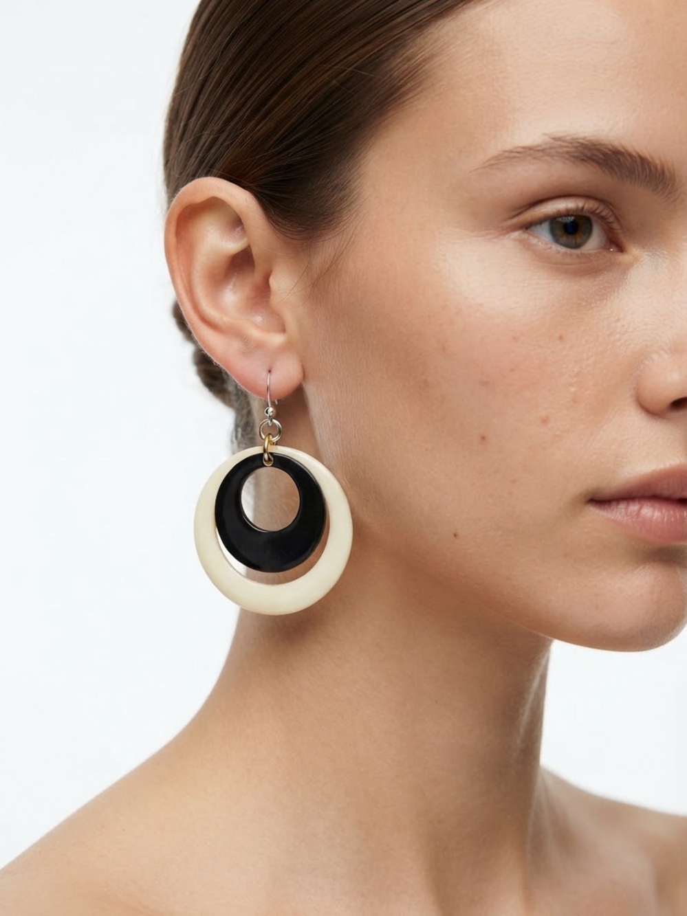 Minimalist Black and Cream Hoop Drop Earrings